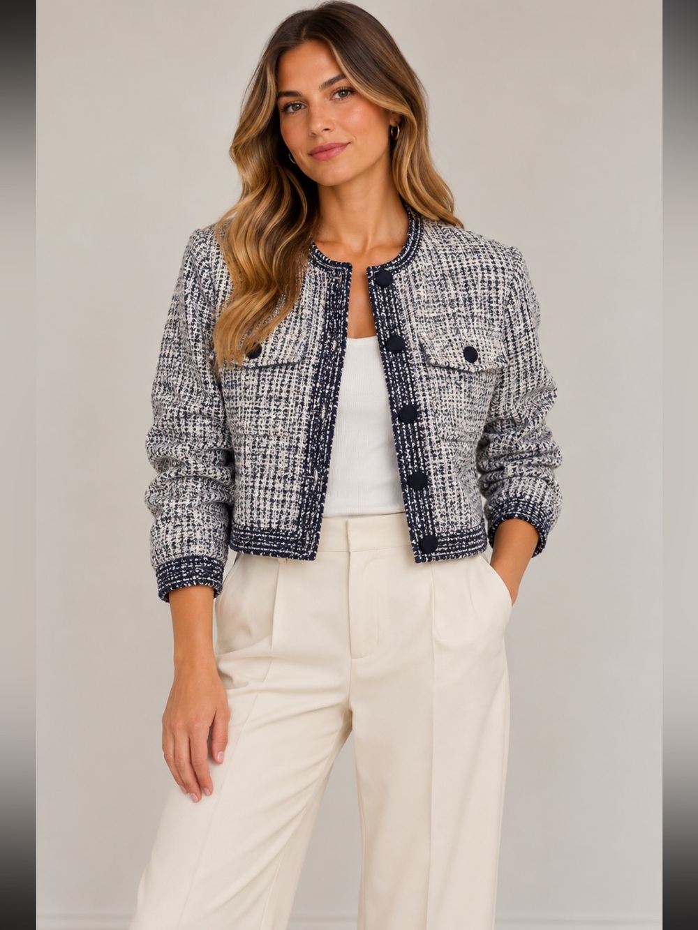 Joie Navy & White Textured Tweed Cropped Jacket Size M
